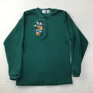 Vintage Disney Shirt Mens Medium Green Henley Thermal Waffle Knit Mickey Goofy *